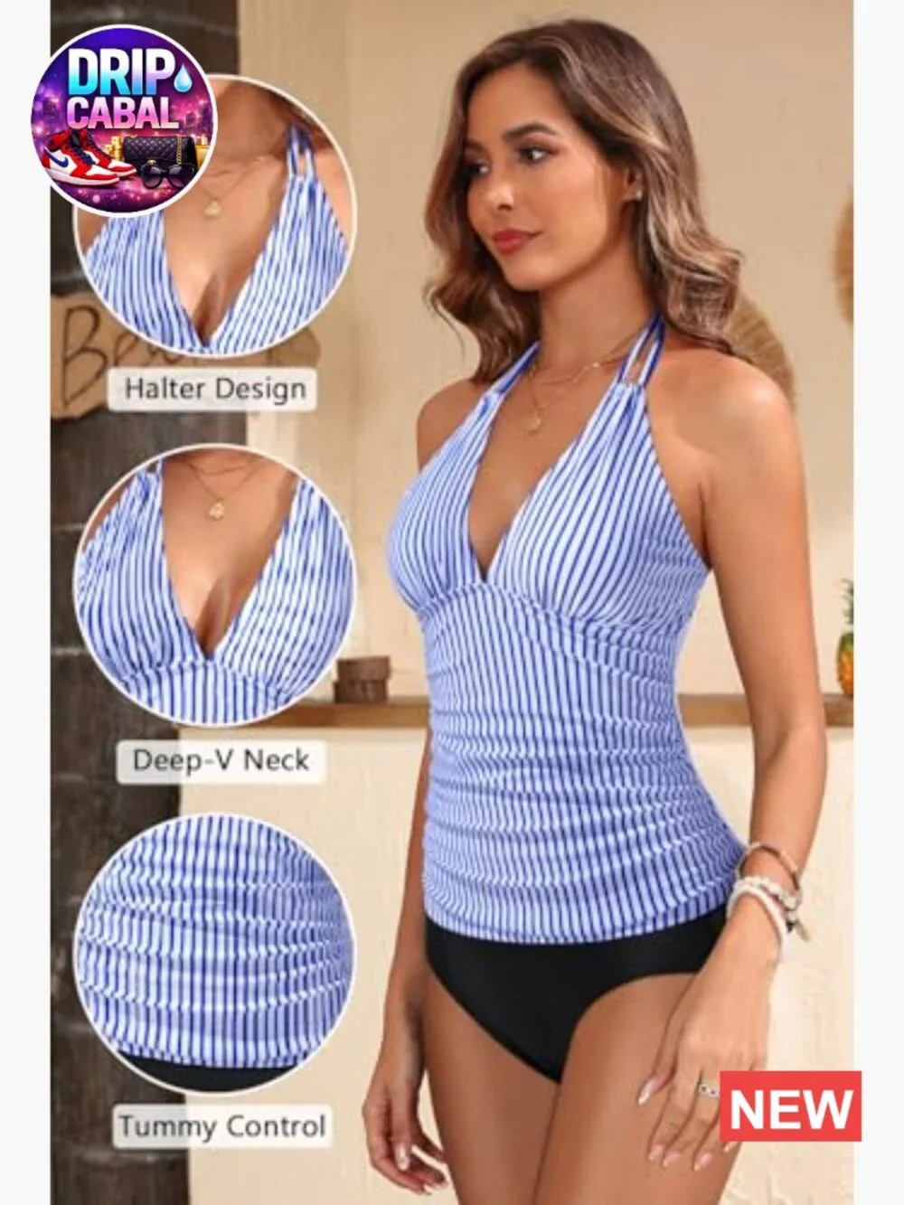 Halter Tankini Top V Neck Tummy Control Swim Top